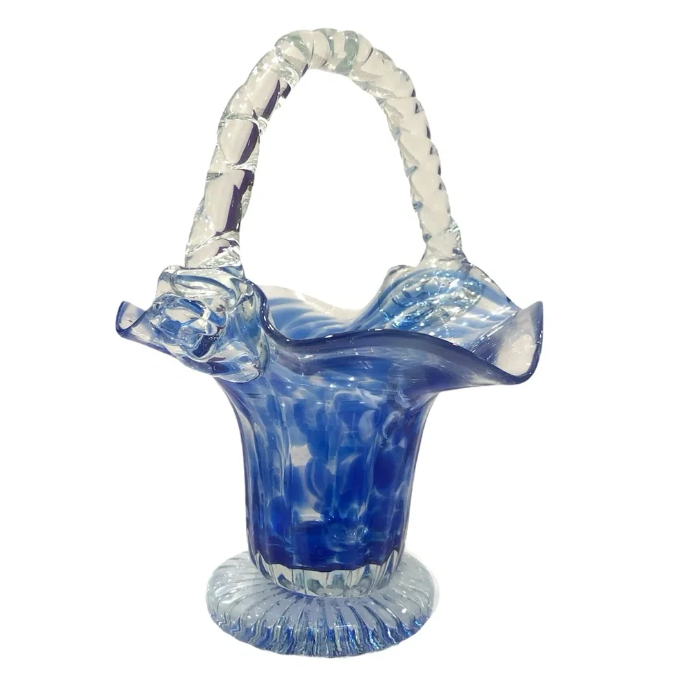 BLUE & CLEAR GLASS BASKET WITH RUFFLED WAVY EDGES